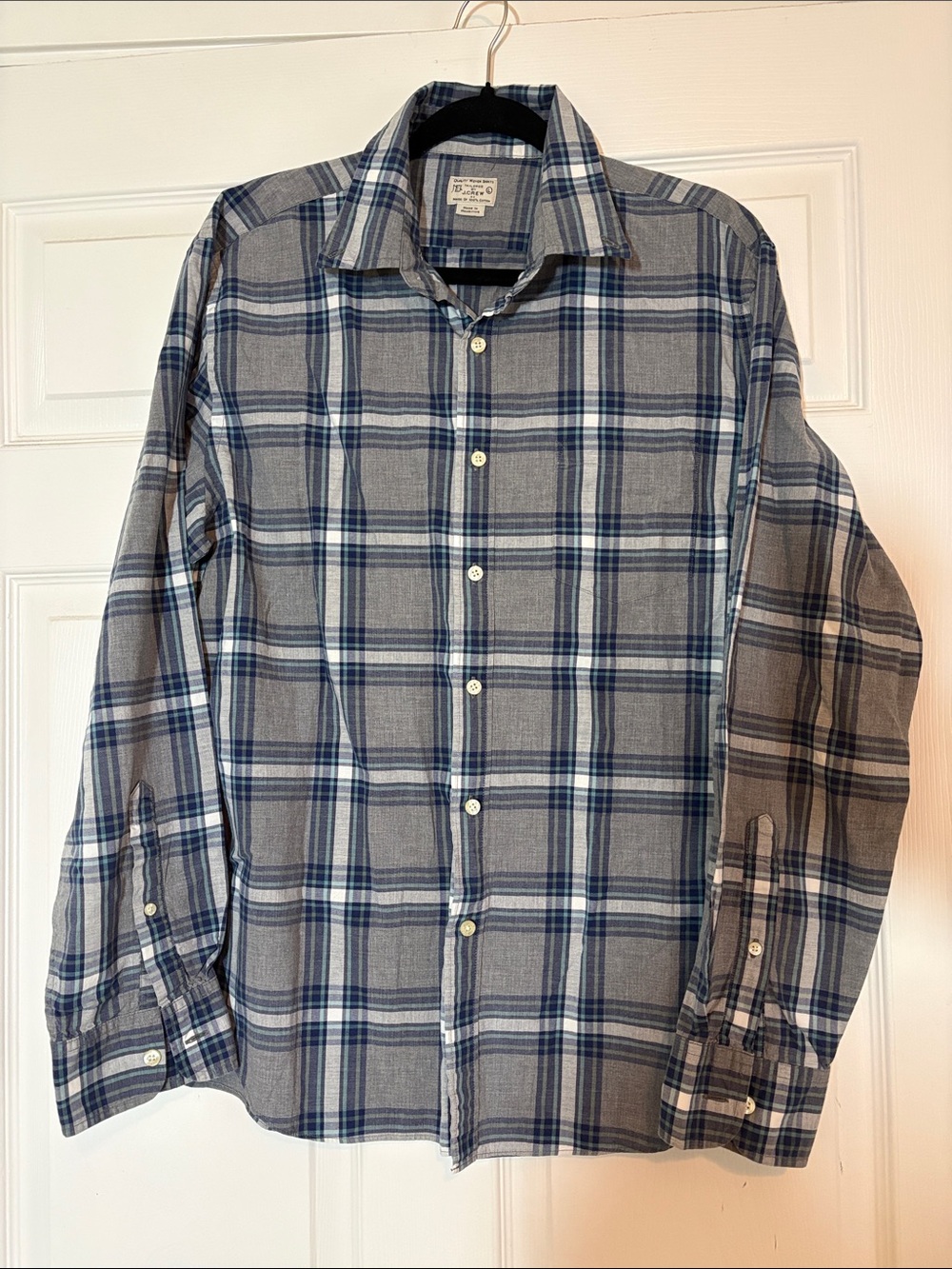 J. Crew Plaid Button Up Long Sleeve shirt 100% cotton blue gray mens Large